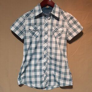 Kuhl Shirt Men's Pearl Snap Up Blue Plaid Ionik Fabric Short Sleeve Small